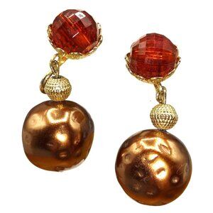 Vintage Brown Faceted Bead Dangle Earrings with Dangling Bronze Faux Baroque